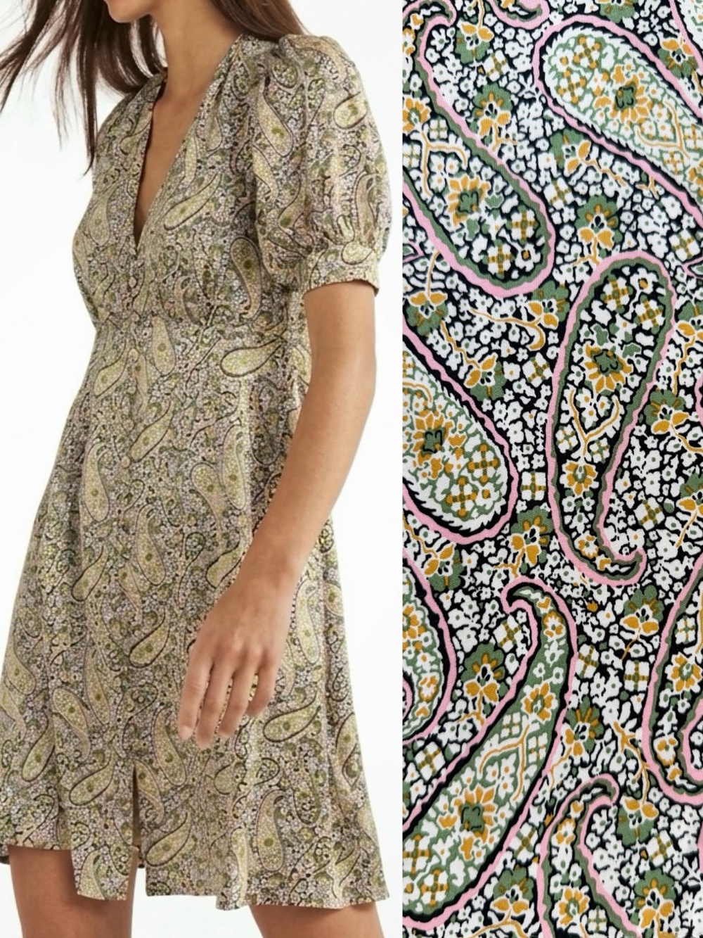 Boden Satin Tea Dress in Green Paisley Print, Puff Sleeve Button Front | Size 6